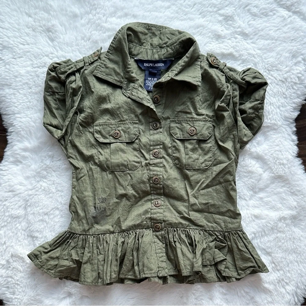 Ralph Lauren Baby Girl Peplum Utility Style Button Up Shirt/Dress Olive size 2T